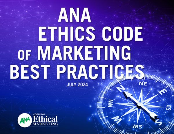 ANA Ethics Code of Marketing Best Practices cover image showing a blue background with a white compass stylized to with constellation-like imagery
